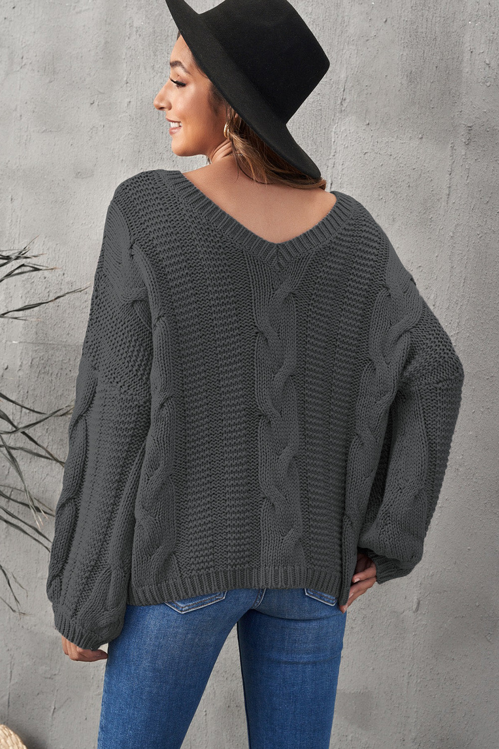 Dark Gray Bubblegum V-Neck Braided Knit Sweater