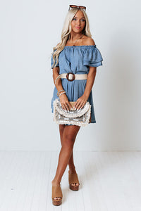 Women's Off-shoulder Ruffle Sleeves Chambray Dress