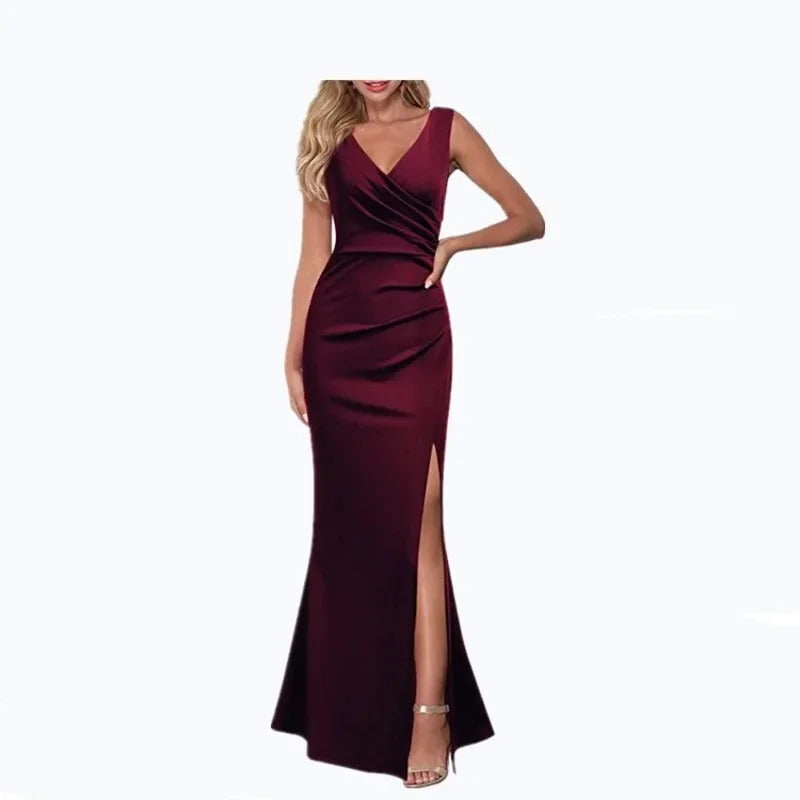 Women's V-neck Sleeveless Maxi Dress Summer Party Dance Slim Side Slit Evening Dress Sexy Backless Elegant Long Dress Partywear