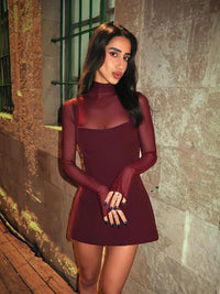 Mesh Patchwork Dresses For Women Fashion Sexy Streetwear Solid Full Sleeves Turtleneck A-Line Skinny Mini Vestidos Robes Female