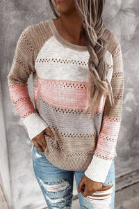 Wine Accent Knitted Color Block Long Sleeve Crew Neck Sweater