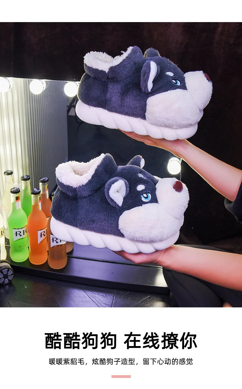 Women Indoor Cotton Slippers Cute Cartoon Dog Winter Warm Shoes Couples Home Floor Slides Anti-slip  Female Male House Footwear