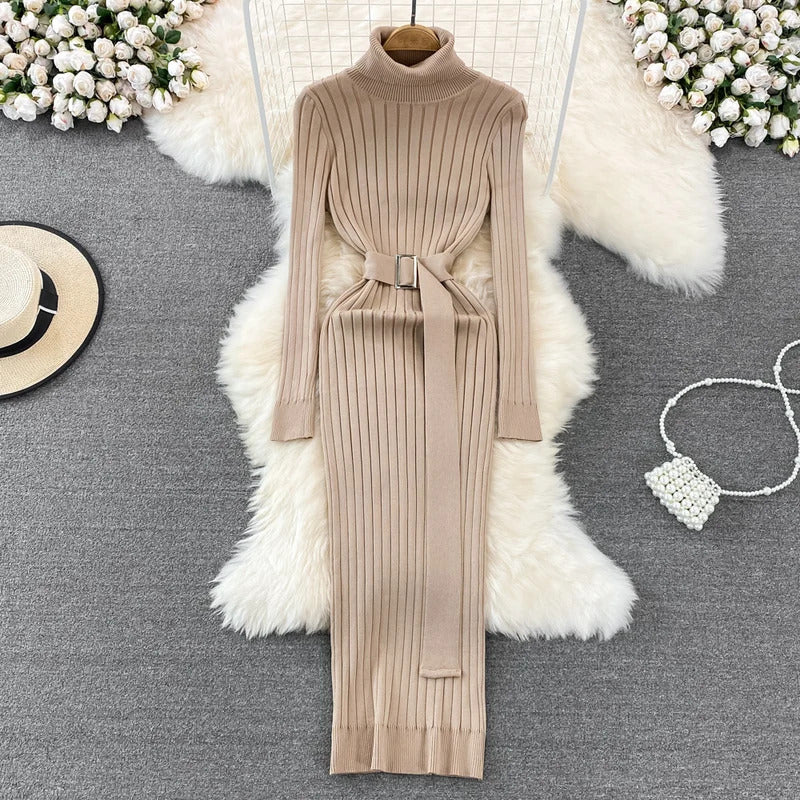 YuooMuoo Ins Hot Turtleneck Sexy Wrap Hips Knitted Dresses Women 2023 Autumn Winter Long Sleeve Bodycon Sweater Dress with Belt