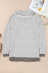 Khaki Striped Turtleneck Loose Sweater