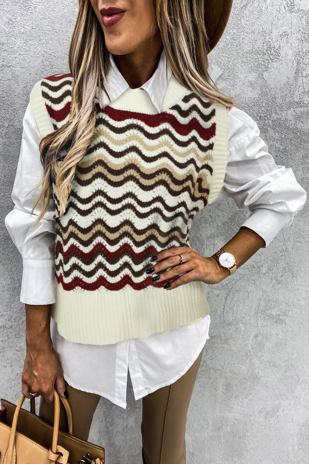 Black Wavy Stripes Knit Vest Pullover Sweater