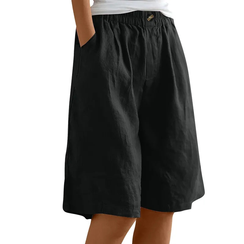 Women's Fashion Solid Color Pants Pocket Button Up Capris Loose Elastic Waist Cotton Linen Shorts