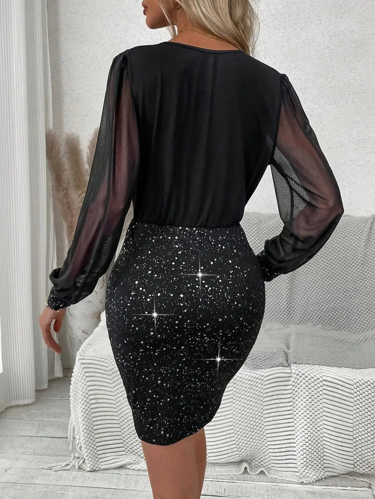 Sexy and elegant women's dress V-neck long sleeve sequin lace wrap hip women's dress