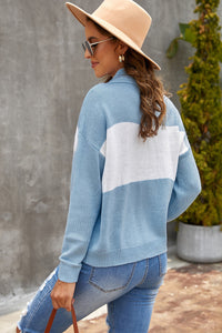 Blue Colorblock Turtleneck Loose Knitted Sweater