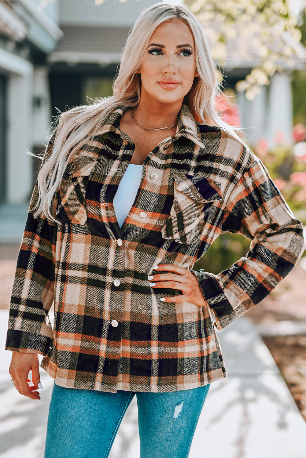 Blue Geometric Plaid Print Pocketed Shacket