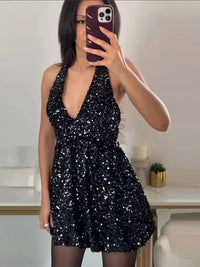 Sexy Sequin Velvet Sleeveless Dress Women Black Shinny V-neck A-line Loose Evening Dresses Female 2025 Fashion Solid Party Robe