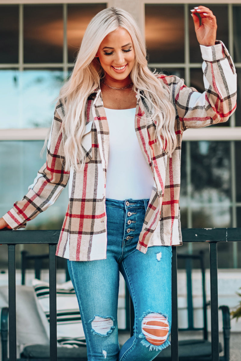 Green Plaid Print Buttoned Shirt Coat with Pocket