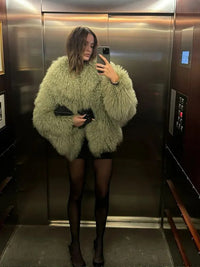 Oversize Green Faux Fur Short Jacket Coat Women Warm Thickened Fluffy Loose Long Sleeve Cardigan 2024 Winter Lady Street Outwear