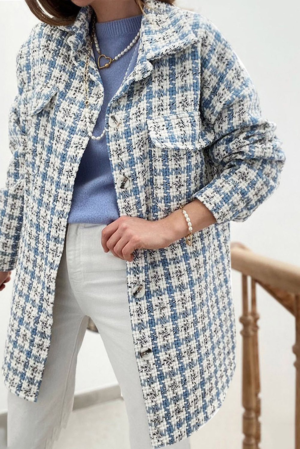 Sky Blue Plaid Print Button Knitted Jacket with Pocket