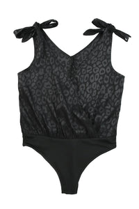 Black Satin Leopard Print Tie Shoulder V Neck Bodysuit