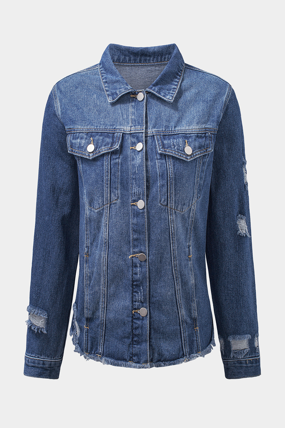 Blank Apparel - Blue Lapel Distressed Raw Hem Buttons Denim Jacket