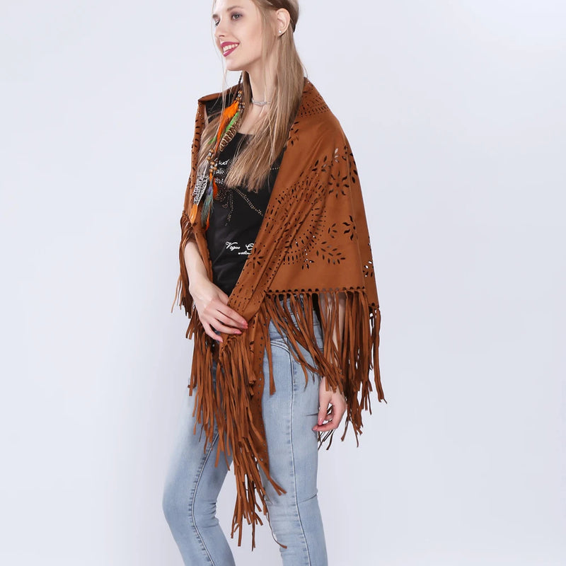 Women's Loose Suede Fringe Open Poncho Cloak Shawl Wrap with Punch Hole Patterns and Graceful Fringes Dropshipping