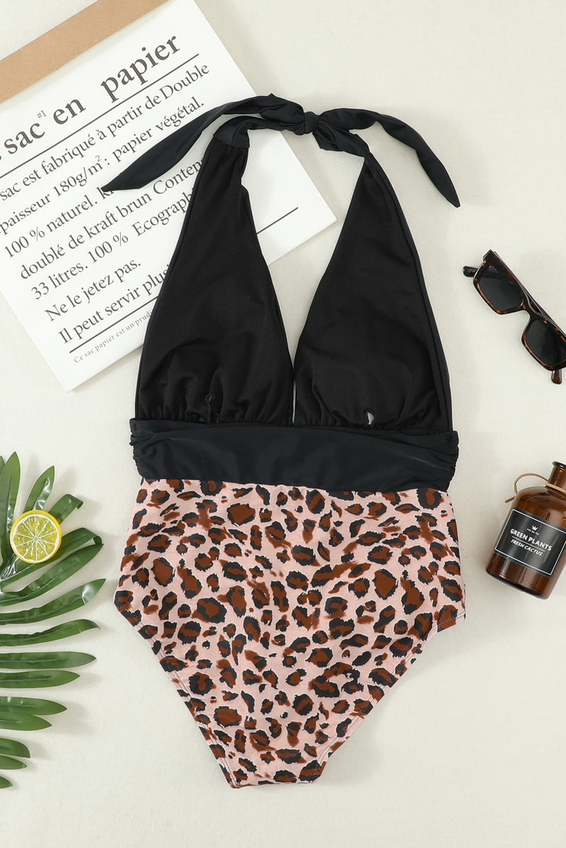 Plunge V Neck Colorblock Leopard Bottoms One-piece Swimsuit