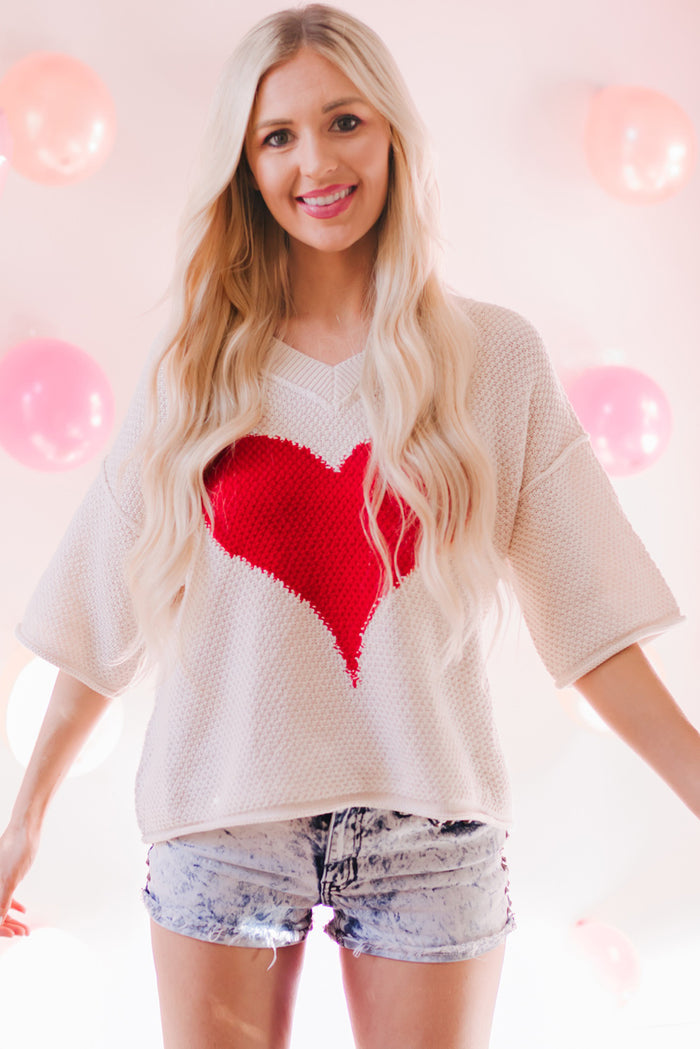 Beige V-neck Dropped Sleeve Heart Print Slouchy Shift Sweaters