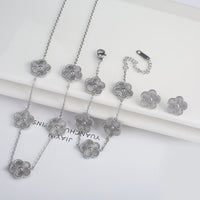 Classic Stainless Steel Five Leaf Flower Jewelry Necklace Set Bracelet Earrings Simple for Woman Girl Party Daily Wear Jewelry