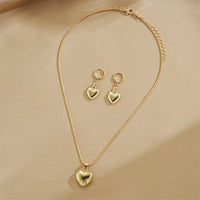 Glossy Gold Plated Metal Love Heart Dangle Earrings Necklace Jewelry Set for Women Simple Dainty Daily Wear Outfit Accessories