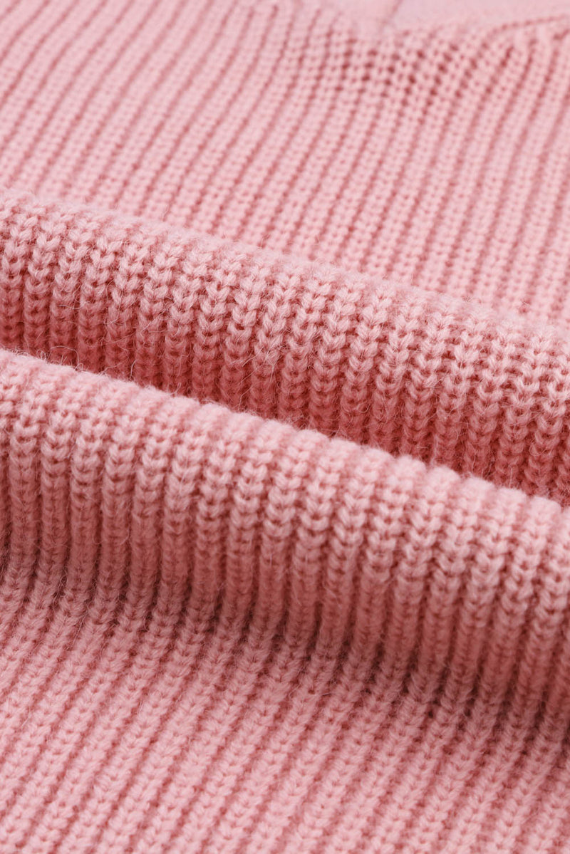 Pink V Neck Drop Shoulder Knitted Sweater