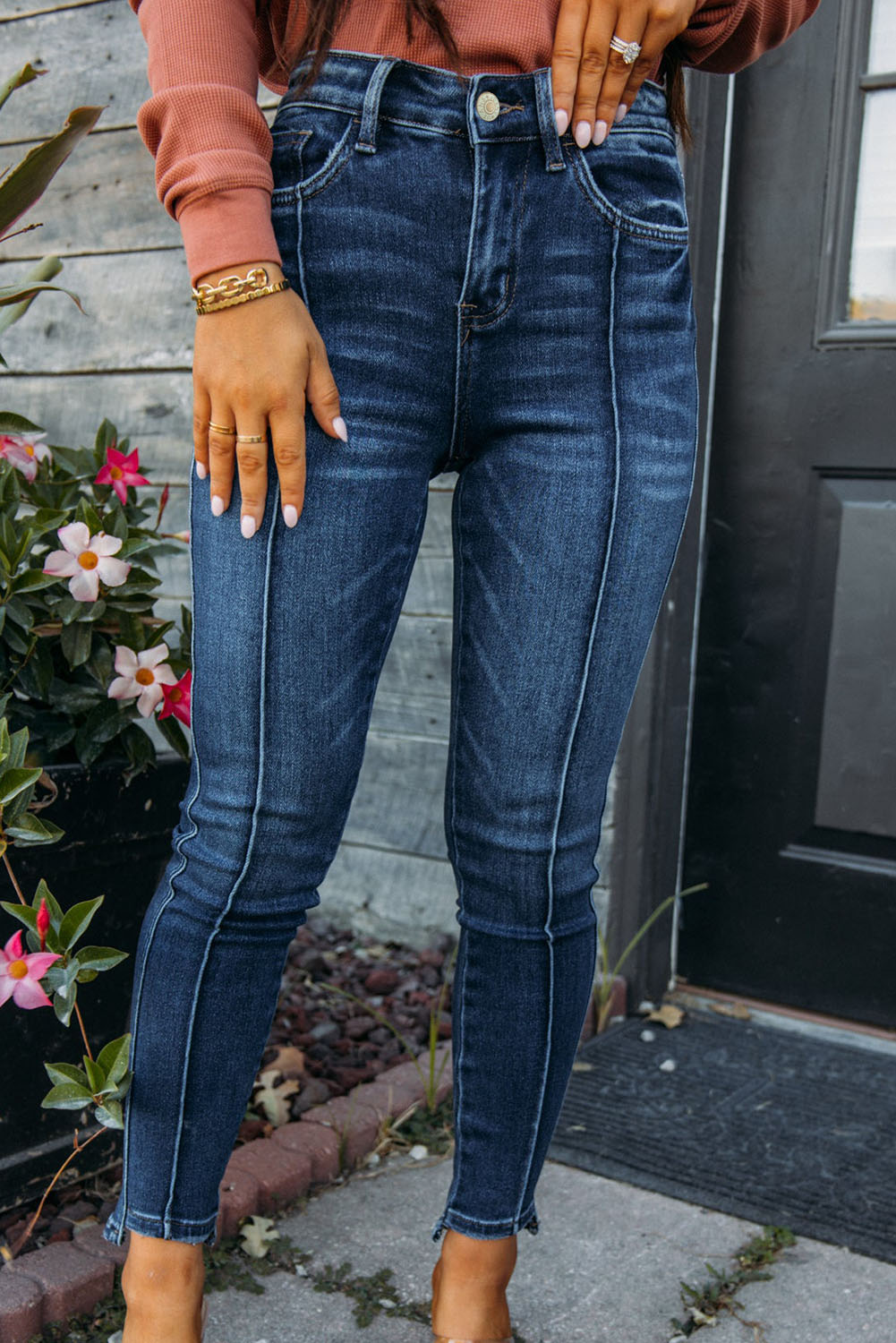 Blue Seamed High Waist Skinny Fit Jeans