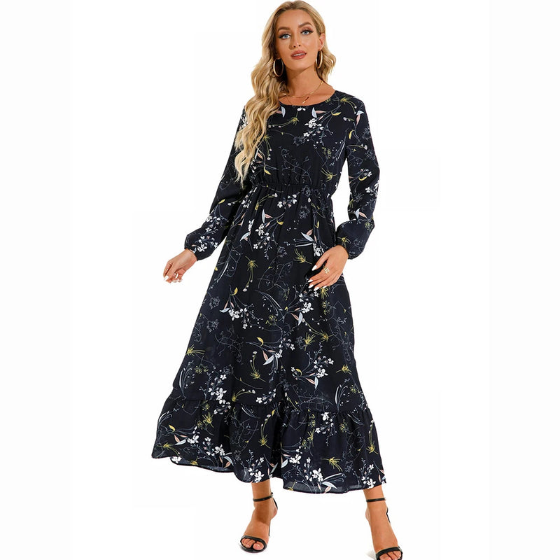 Women Maxi Dresses Sping Autumn Bohemian Casual Full Sleeve High Waist Beach Woman Chiffon Dresses Floral Vestidoes Long Dress