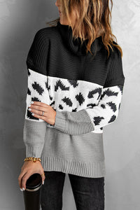 Black Turtleneck Splicing Chunky Knit Pullover Sweater