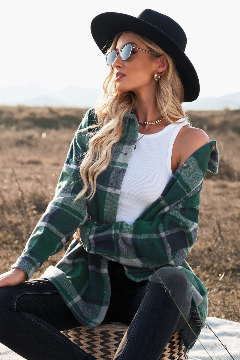 Green Plaid Print Buttoned Shirt Jacket