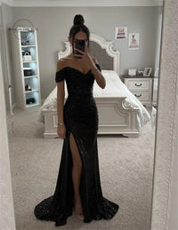 Women Mermaid Champagne Evening Maxi Dresses 2024 Elegant Off-Shoulder Sequin Split Prom Formal Gowns For Party Customized