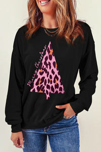 Black Leopard Christmas Tree Print Pullover Sweatshirt