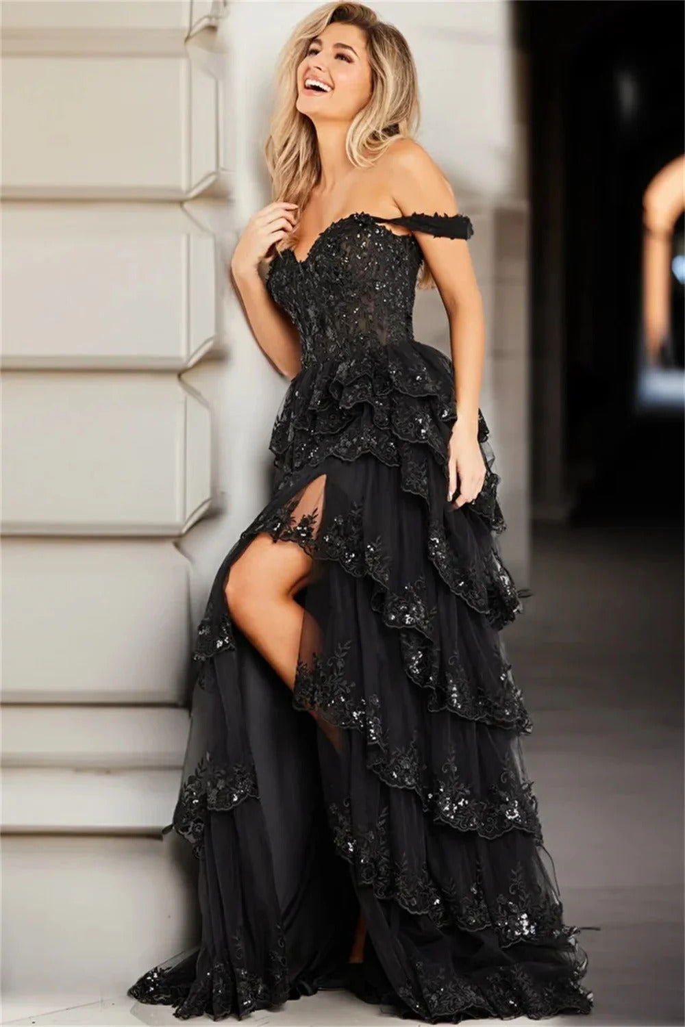 Jessica Black Glitter Prom Dresses Luxury Lace Embroidery Evening Dress Vestidos De Fiesta Side Slits Party Dress Customized