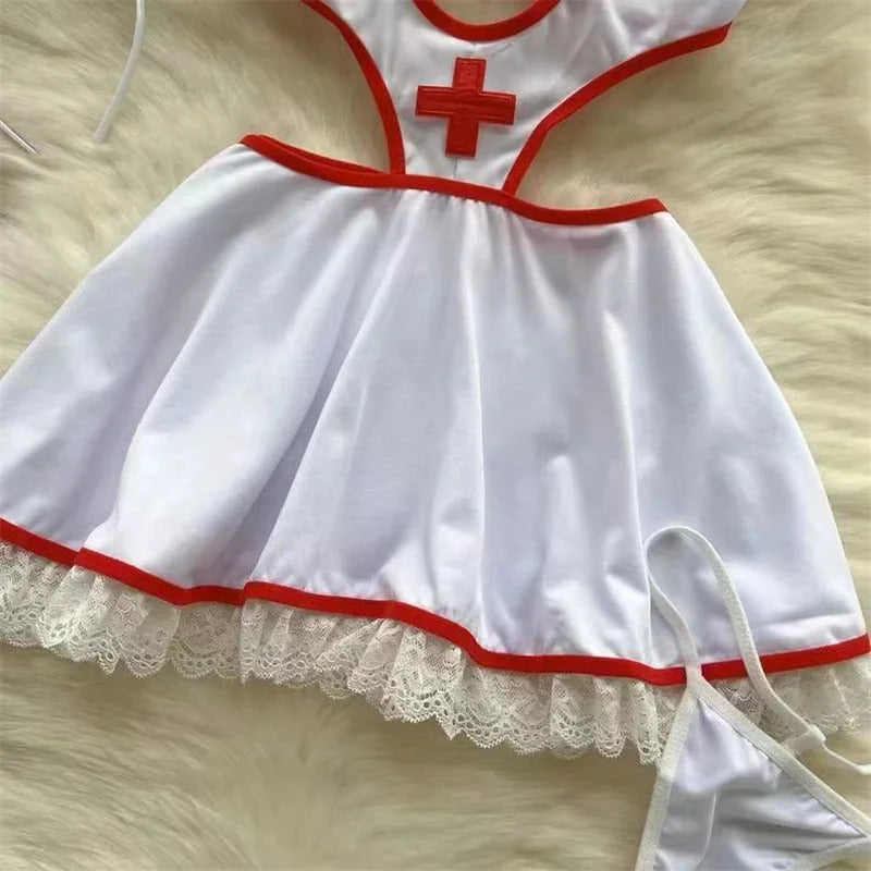 Dropped Waist Women's Sexy Sweet Nurse Cosplay Uniform Lingerie Set Revealing Neckline Lace Trimmed Nightgown Costume Dresses