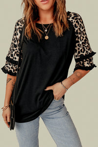 Blank Apparel - Black Ruffled Leopard Sleeve Patchwork Top