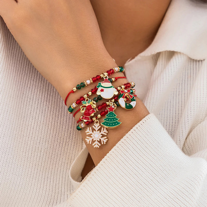 KunJoe 5pcs/set Cute Christmas Series Snowflake Tree Pendant Crystal Bracelet Women CCB Beads Adjustable Thread Rope Bracelet