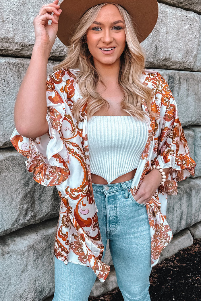 Orange Draped Paisley Print Open Front Overlay Top with Ruffles