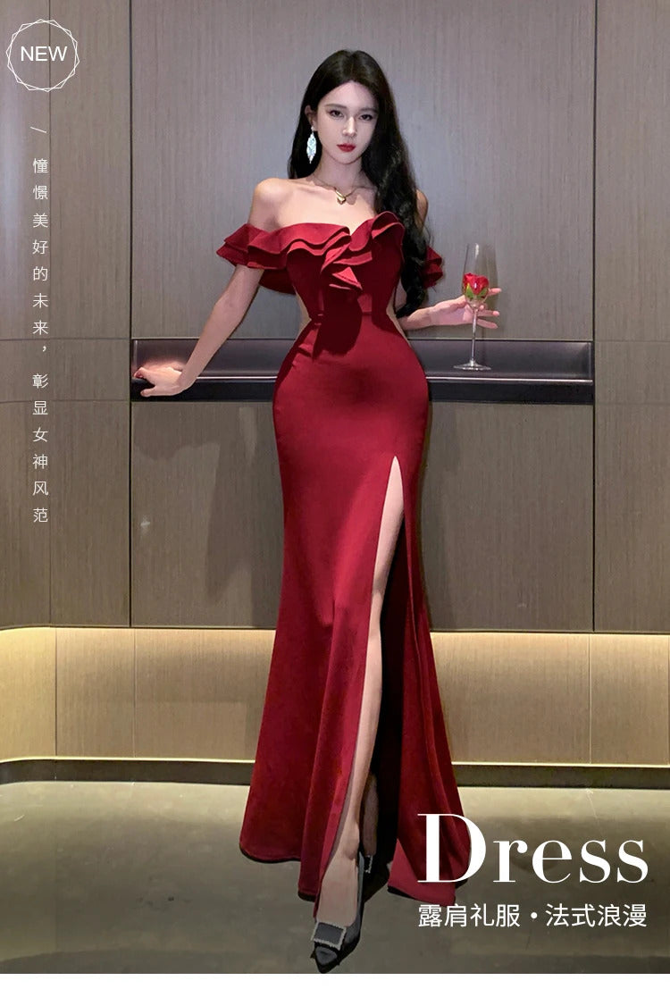 Sexy Bodycon Long Dresses for Women Wedding Evening Party Prom Robe Ruffles Slash Neck High Split Hollow Out Summer New Vestido