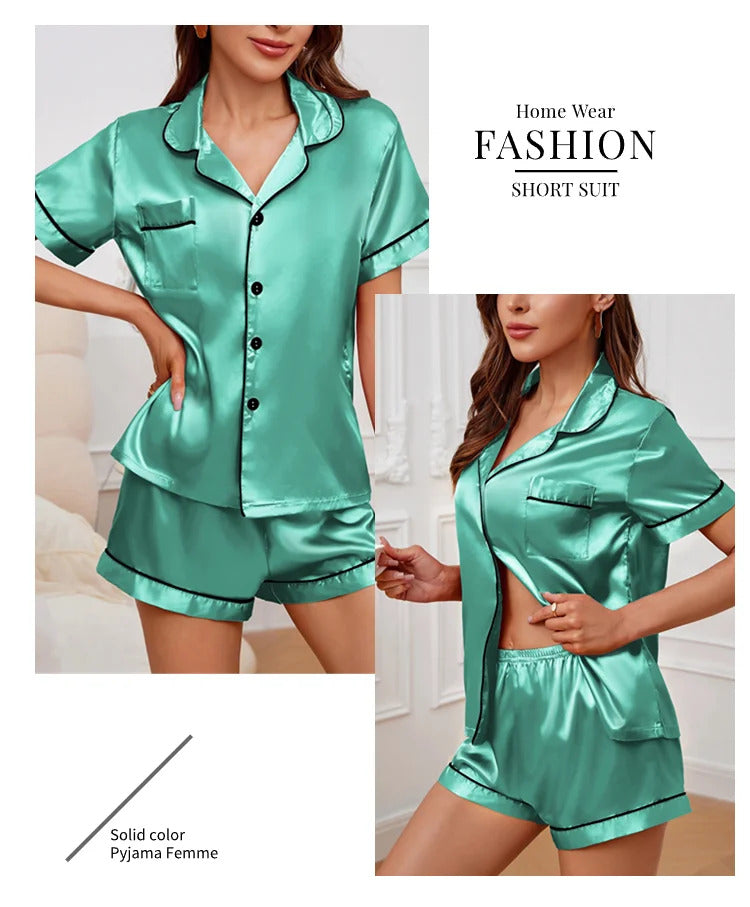 Summer Silk Satin Women Pajamas Set Button Down Top & Shorts 2 Pieces Sleepwear Notched Collar Nightwear Loungewear for Women