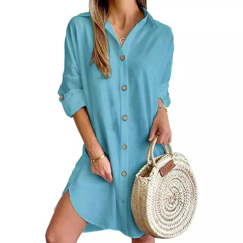 Solid Color Button Front Shirt Dress Casual Long Sleeve Lapel Dress For Spring & Fall Women's Clothing