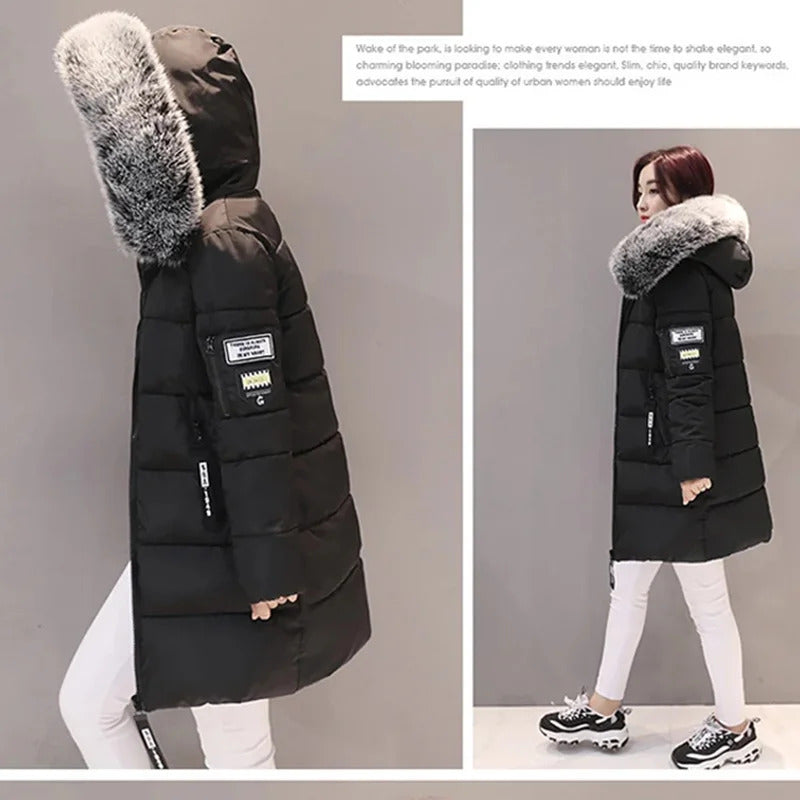 Winter Warm Fur Collar Hooded Women Parka Fashion Comfortable Zipper Pockets Design Long Jacket Elegant Slim Thick Female Coats