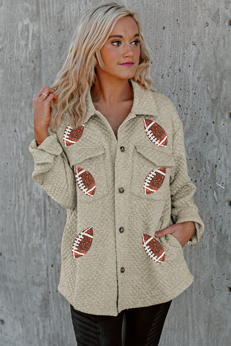 Beige Sequin Rugby Quilted Buttoned Turn Down Collar Shacket