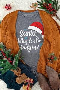 Gray Christmas Santa Hat Snowflake Slogan Graphic Tee