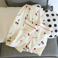 Cherries Print Two Pieces Pajamas Set Autumn Faux Cotton Pajamas Korean Fashion Home Clothes Ladies Pants and Top Set Pijamas