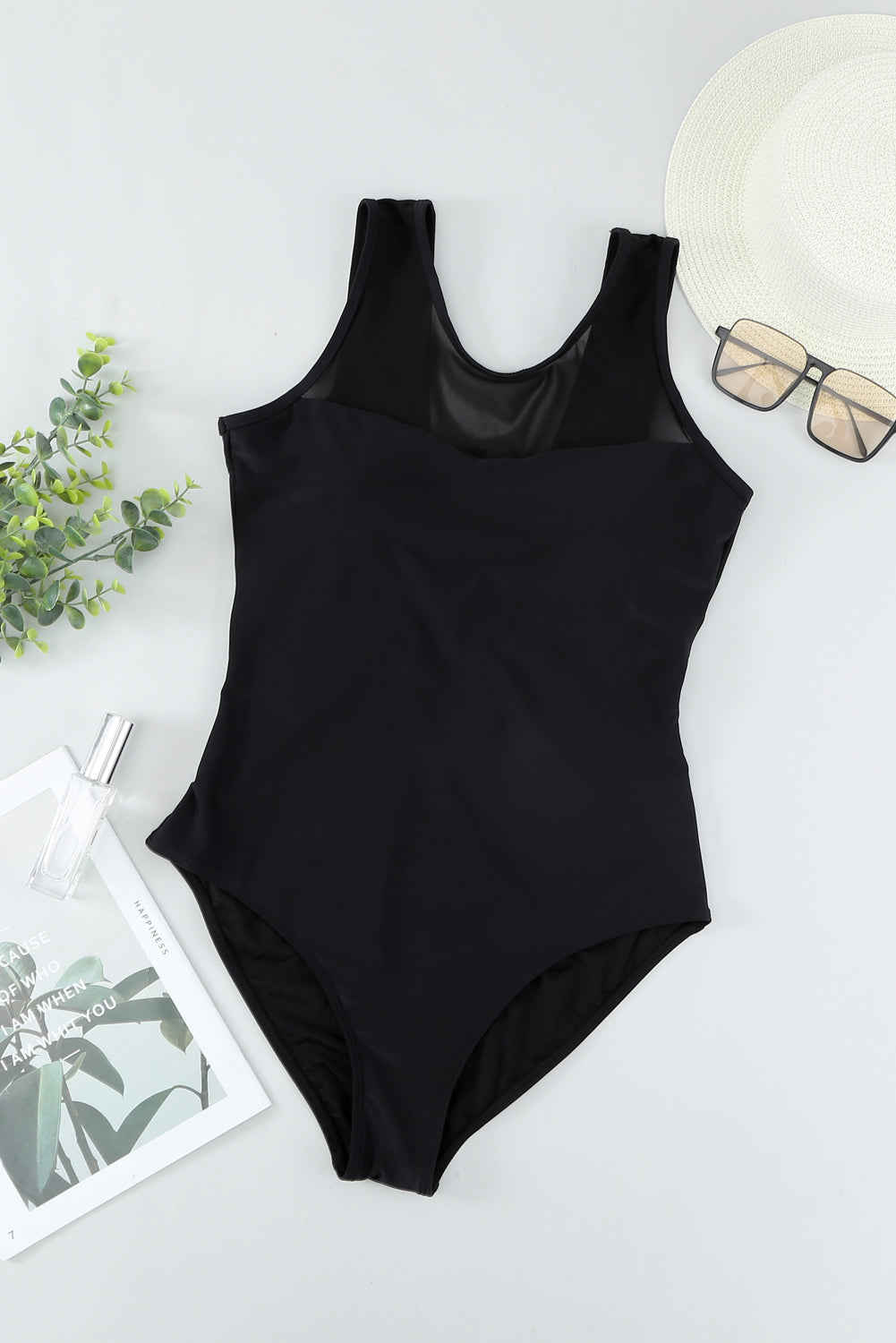 Black Strappy Hollow-out Back Mesh One-piece Swimwear