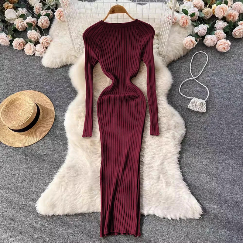 SINGREINY Winter Women Knit Maxi Dress O Neck Autumn Long Sleeve Slim Solid Harajuku Ladies Fashion Pencil Sweater Long Dresses