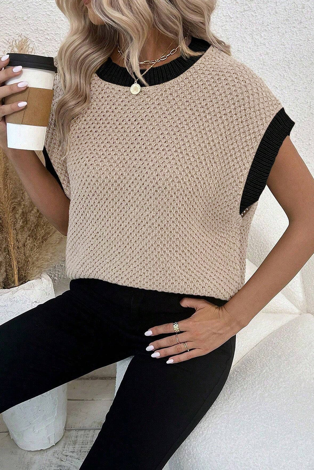 Light French Beige Contrast Trim Round Neck Batwing Sleeve Sweater Top