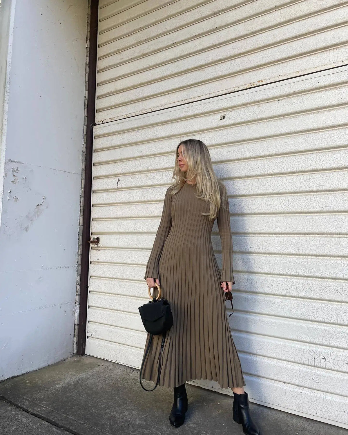 Tossy Lace-Up Female Knit Maxi Dress Autumn High Waist Fashion Patchwork Long Sleeve Loose Solid Dress Bandage Knitwear Dress