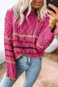 Rose Striped Color Block Textured Knit Pullover Sweater