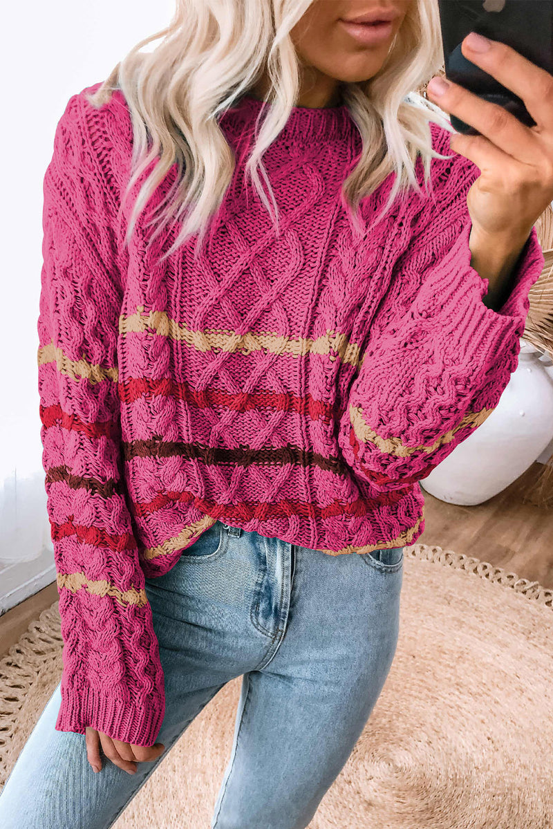 Rose Striped Color Block Textured Knit Pullover Sweater