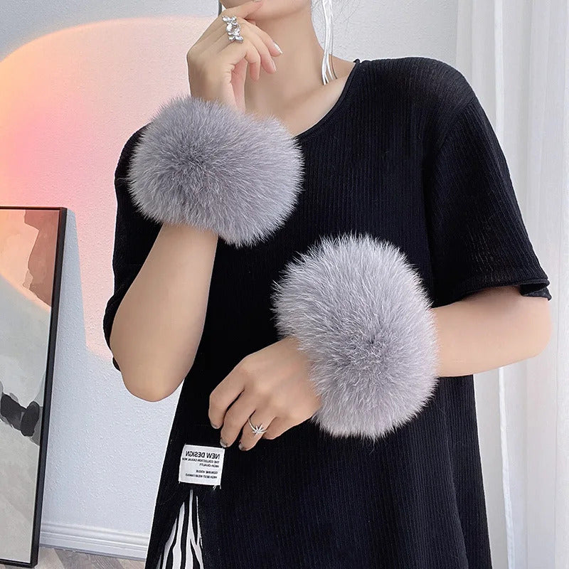 Natural Fox Fur Cuffs Wrist Arm Warmer Women Jacket Coat Sleeve Fur Triming Ladies Bracelet Real Fur Wristand Glove Snap Ring